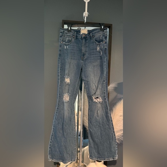 Altar'd State Blue Flare Denim with Vintage Distressing - Picture 2 of 7